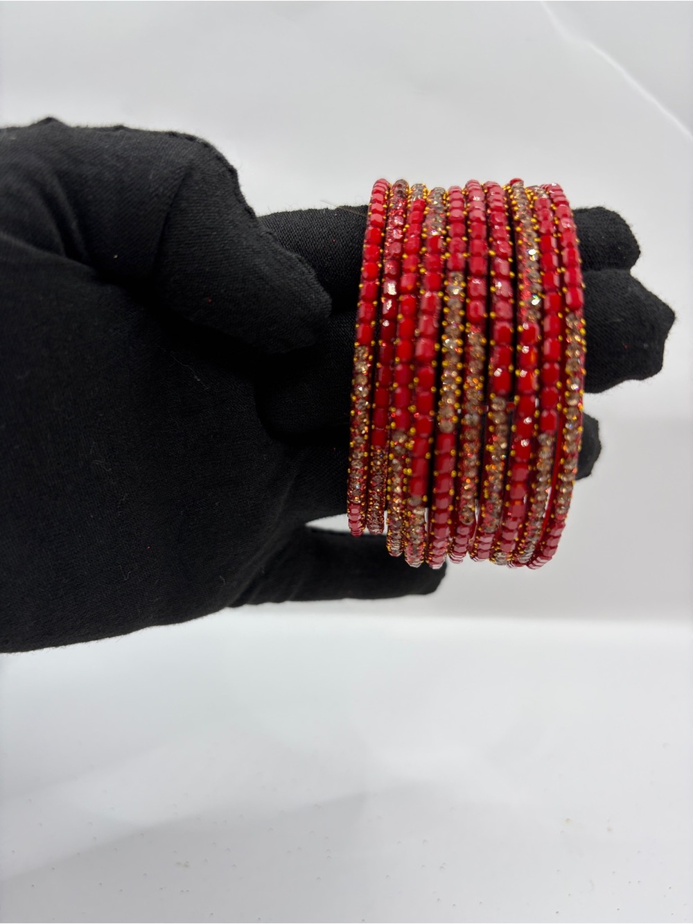 Y2K Desi Kashmiri Glass Red Beaded Stackable Bangles